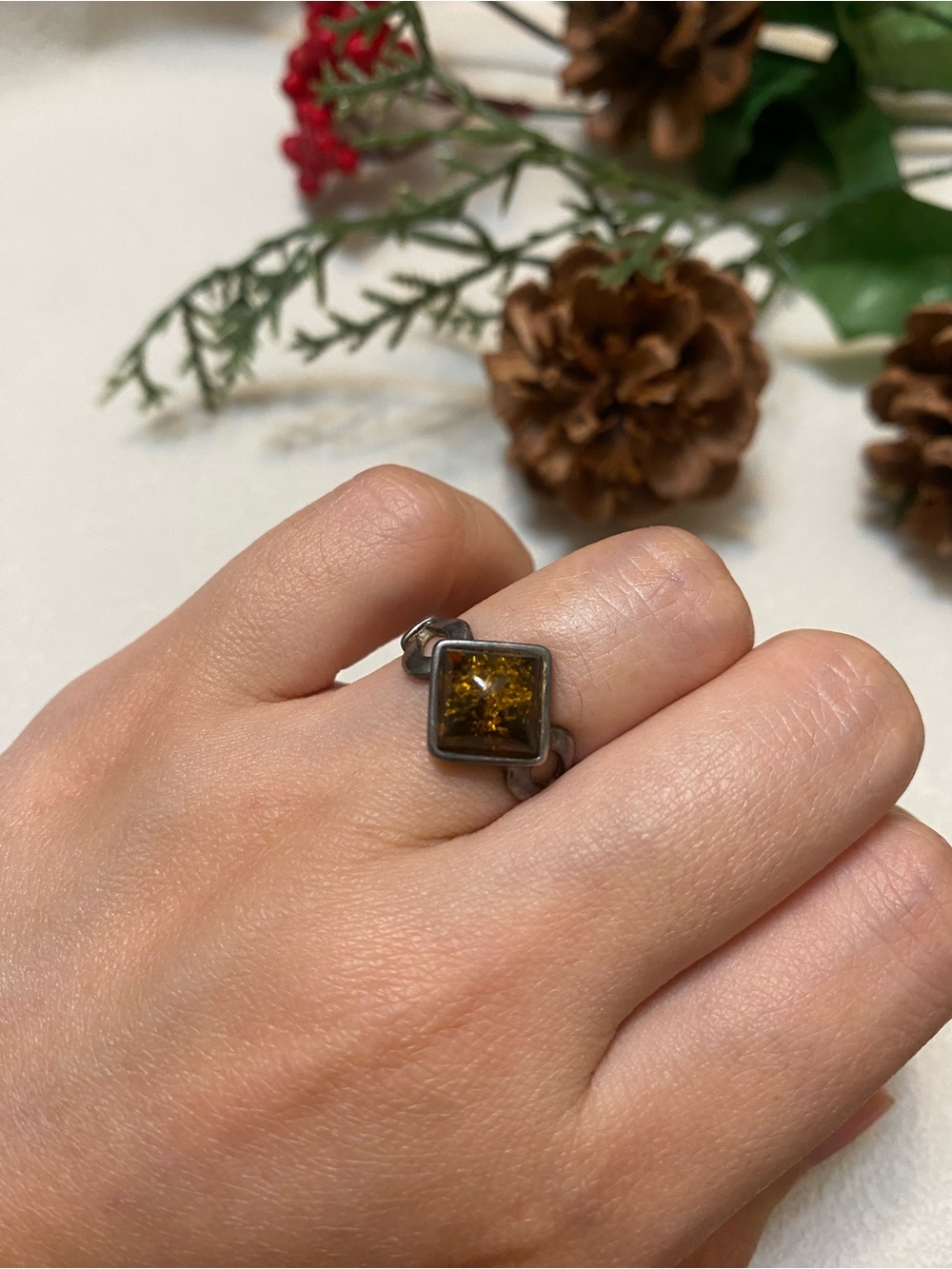Sterling Silver Amber Square Gemstone Ring - Golden Brown